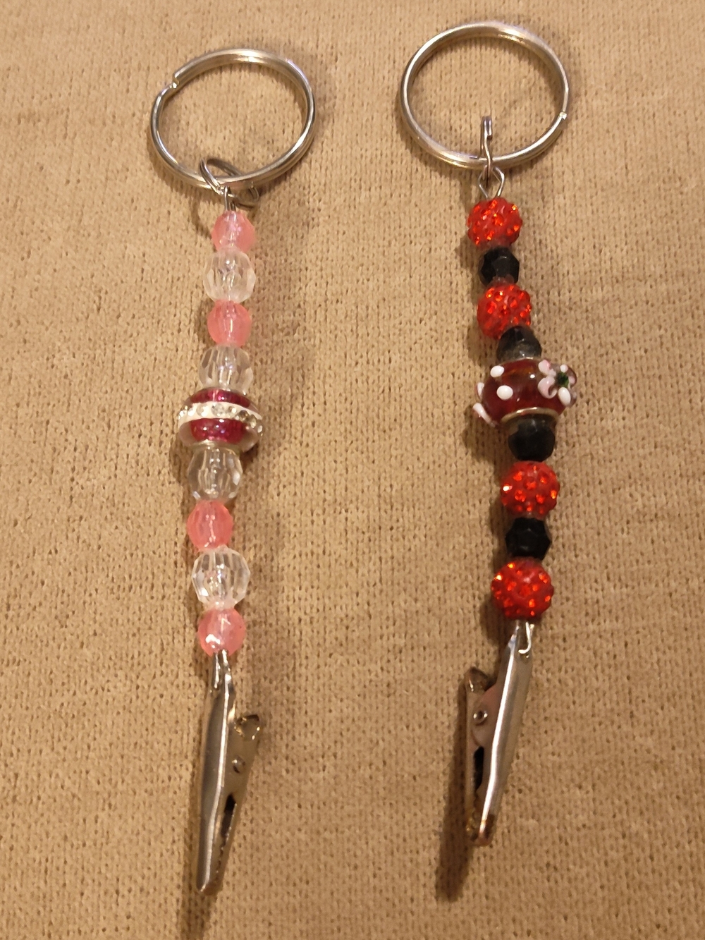 Beaded Pink and Red Keychain Clips - Set of 2